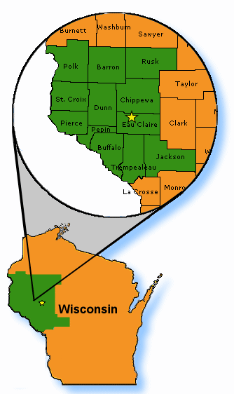 A map of UCP of West Central Wisconsin's service area